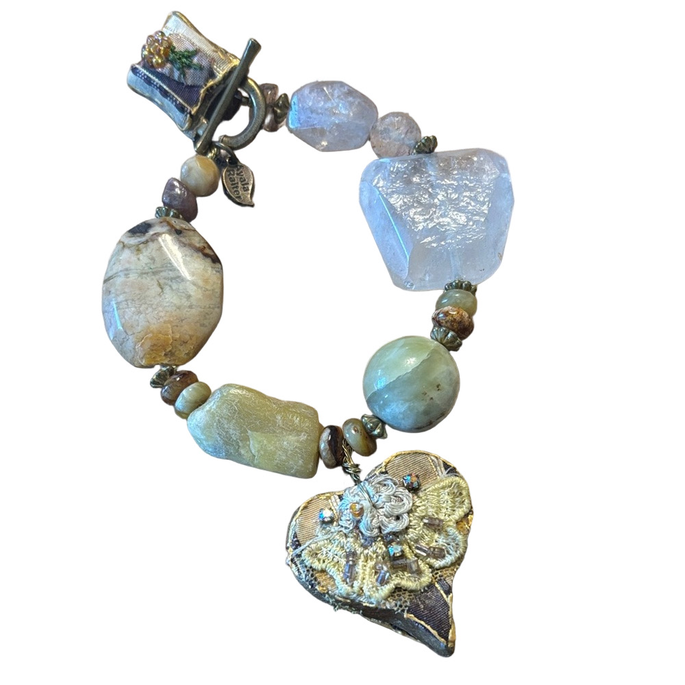 Signed Ayala Raiter Canadian Artisan Gemstone Bracelet – Mixed Media Heart Charm